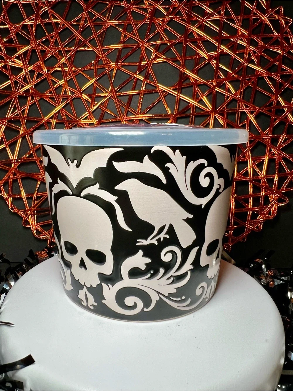 Black & White Skull Soup Mug with Lid Gothic Raven & Bats Halloween Stoneware